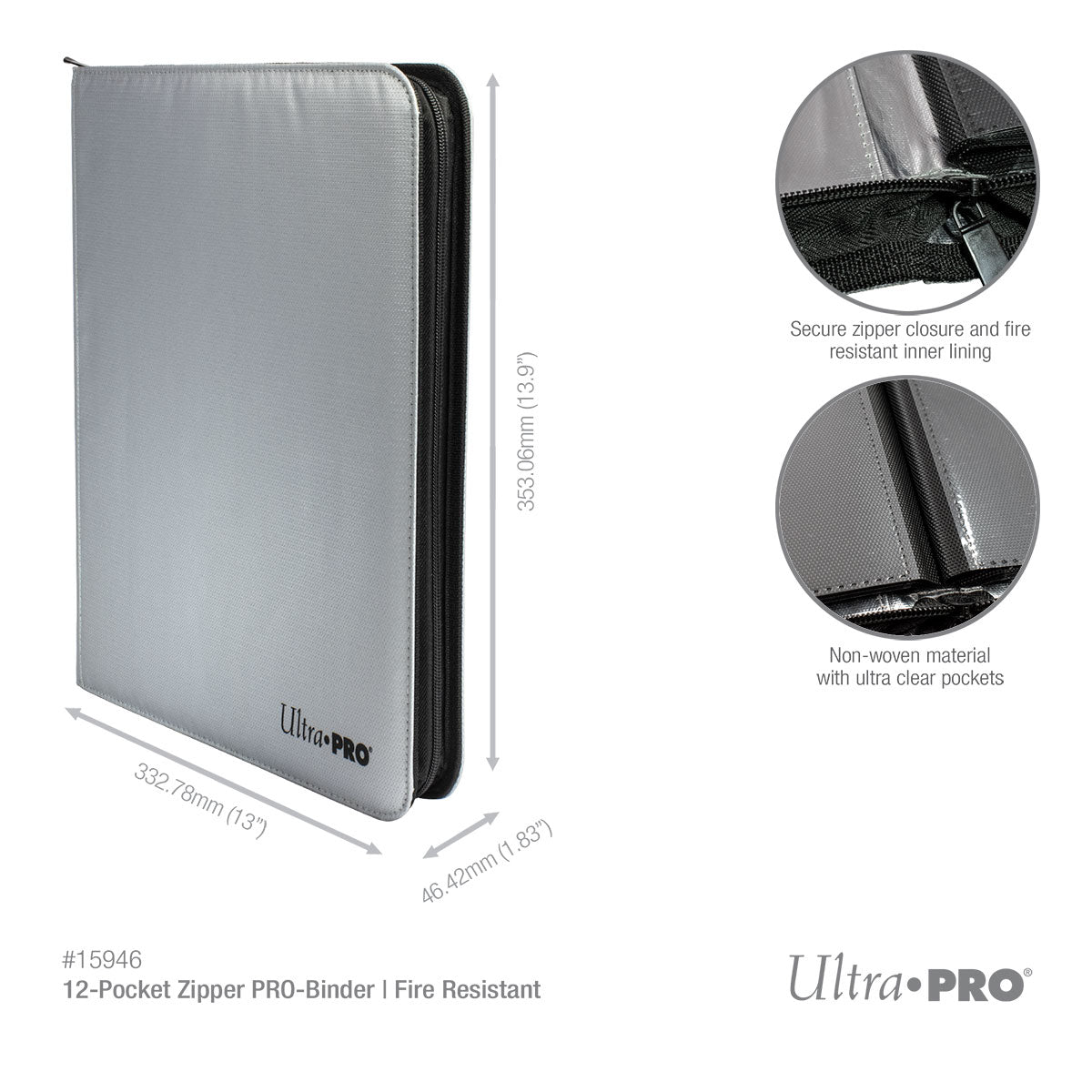 Ultra PRO 12 - Pocket Zippered PRO - Binder: Silver Made With Fire Resistant Materials - E - 15946 - Ultra PRO - Ultra PRO International